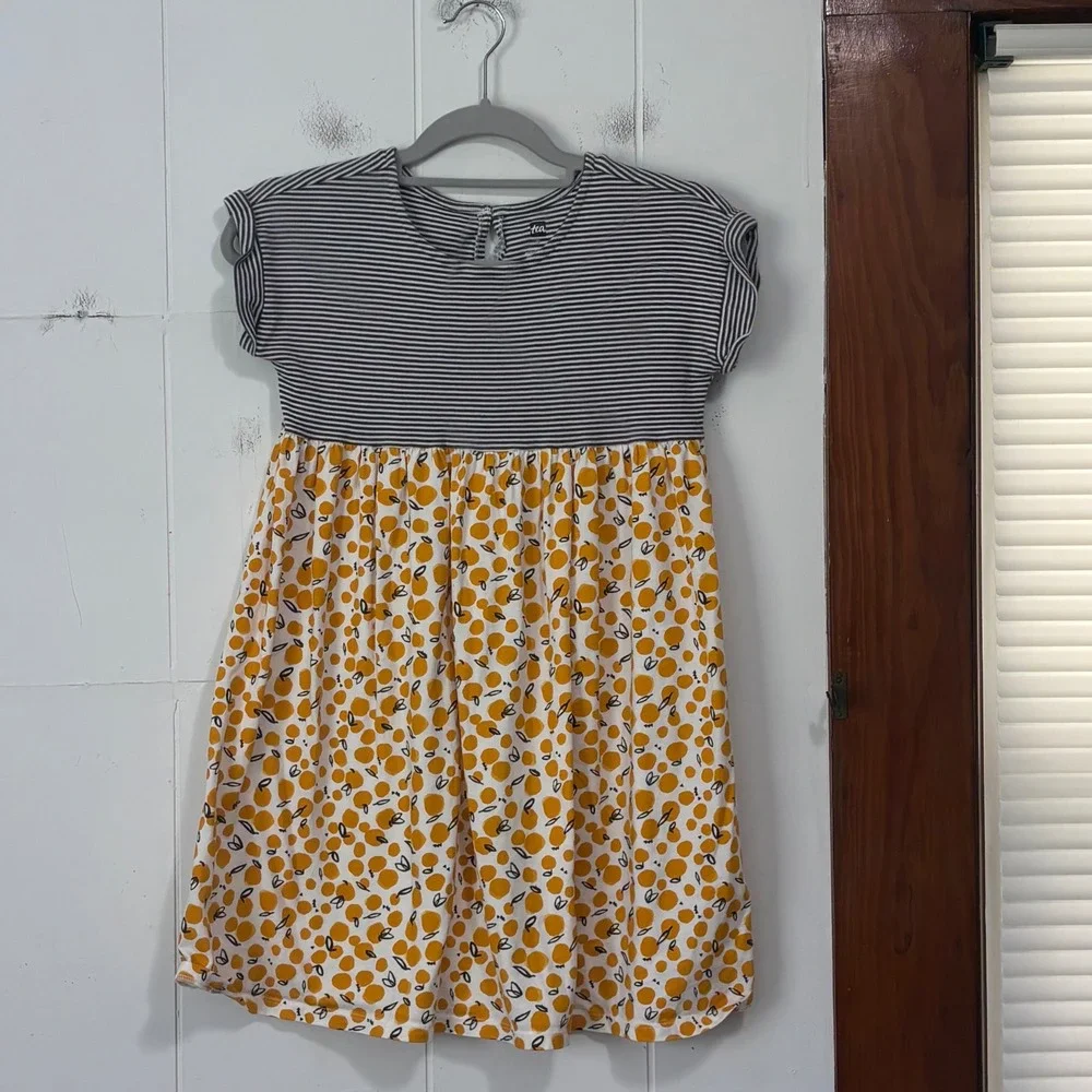 Tea Collection Girls 10 Mixed Print Striped Cotton Dress Grey Yellow